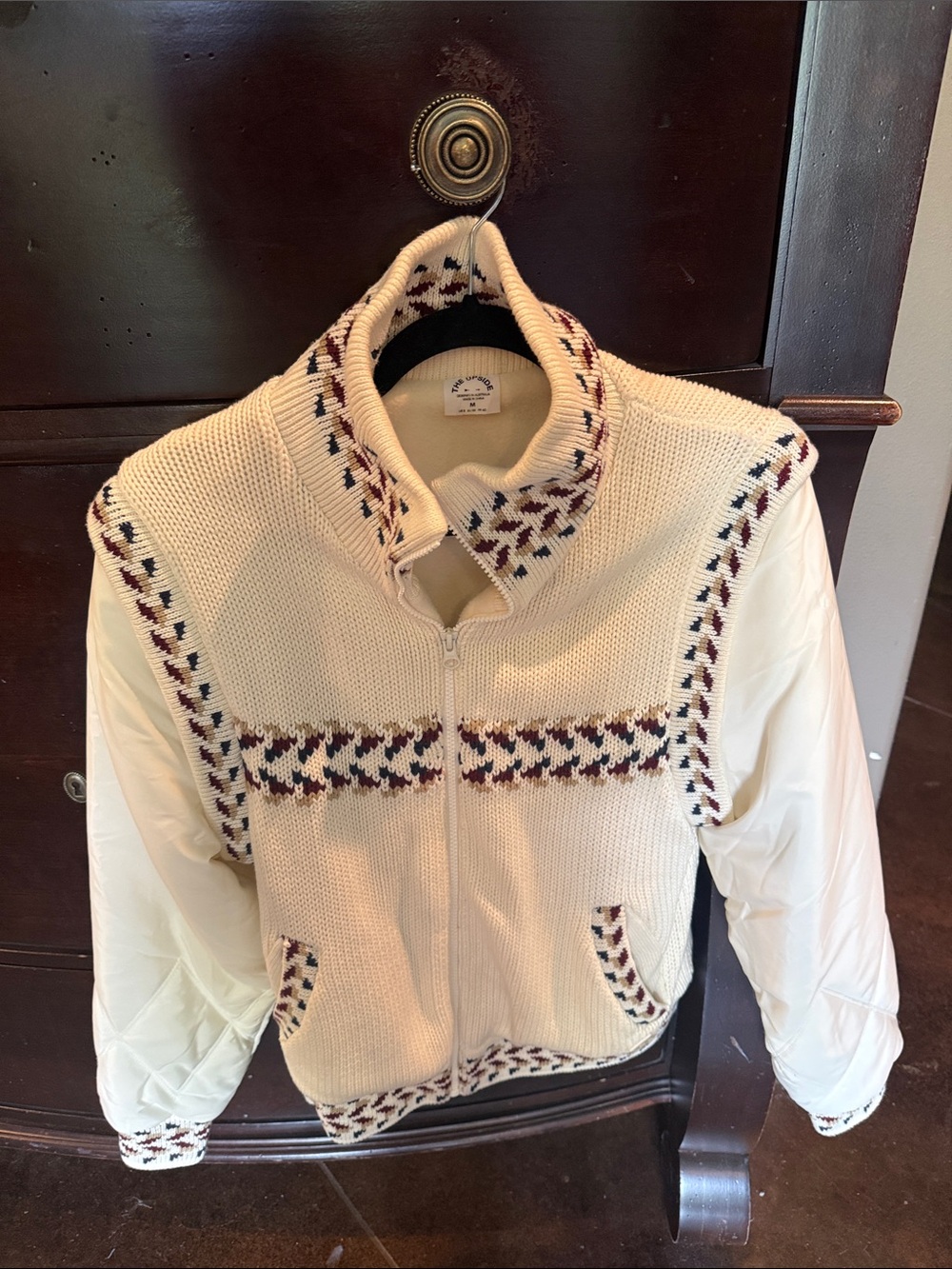 The Upside Cream Knit Bomber Jacket with Burgundy & Navy Trim
